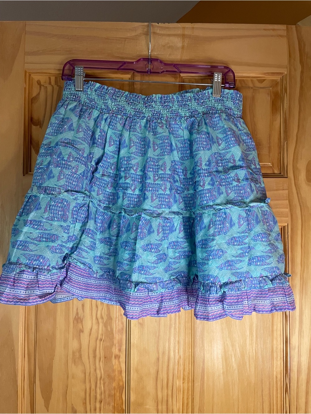 Vineyard Vines Aqua and Lavender Fish-Print Tiered Mini Skirt
